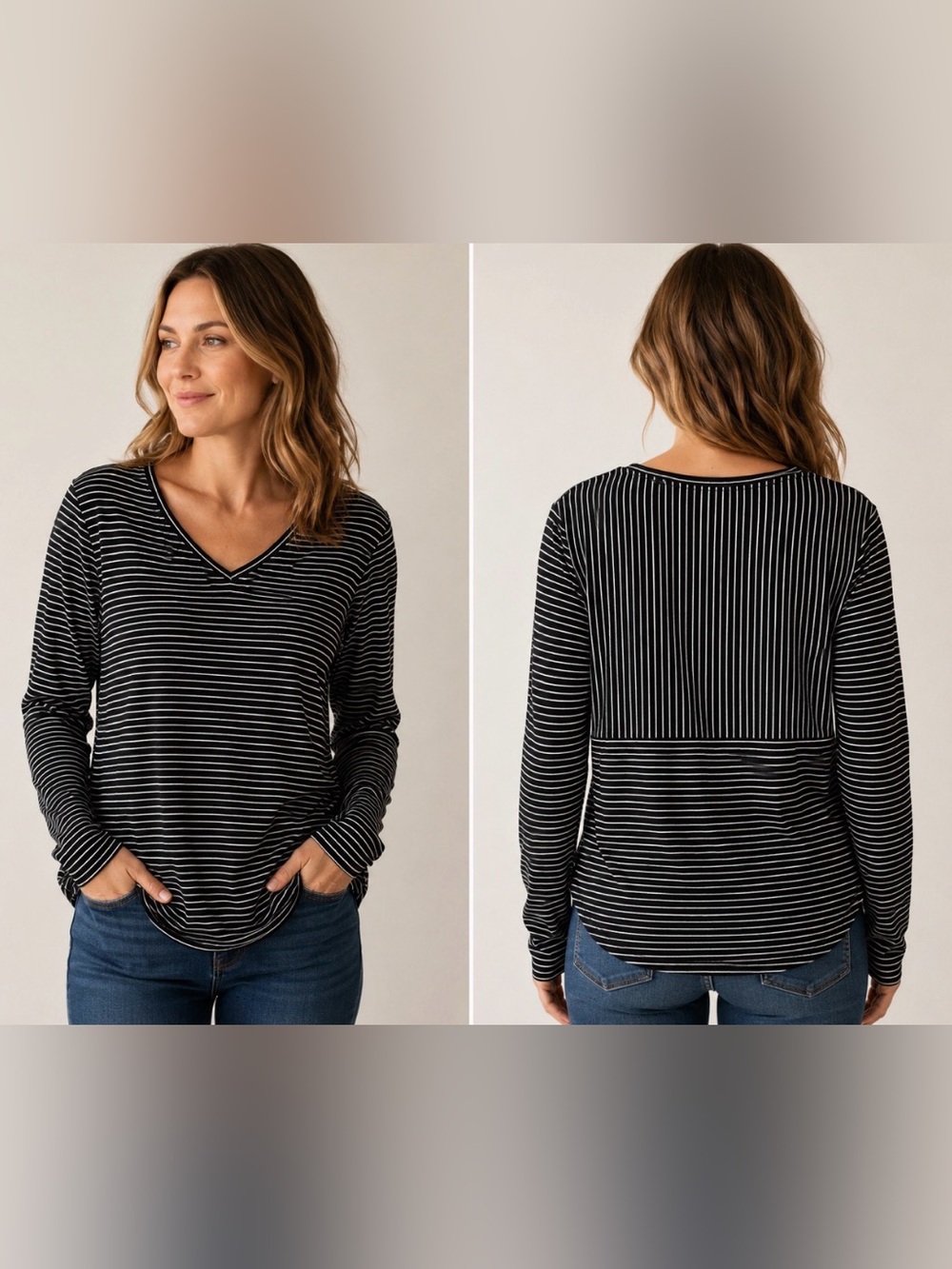 Faded Glory Womens Black And White Striped 3/4 Sleeve Top V Neck Size Large